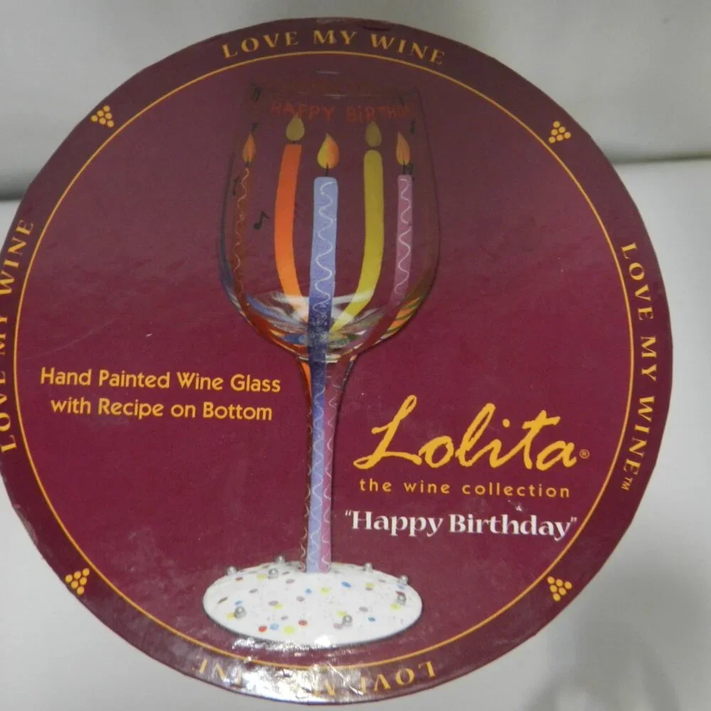 Lolita Happy Birthday Wine Glass Hand Painted Candles Recipe Bottom 15 oz w/ Box